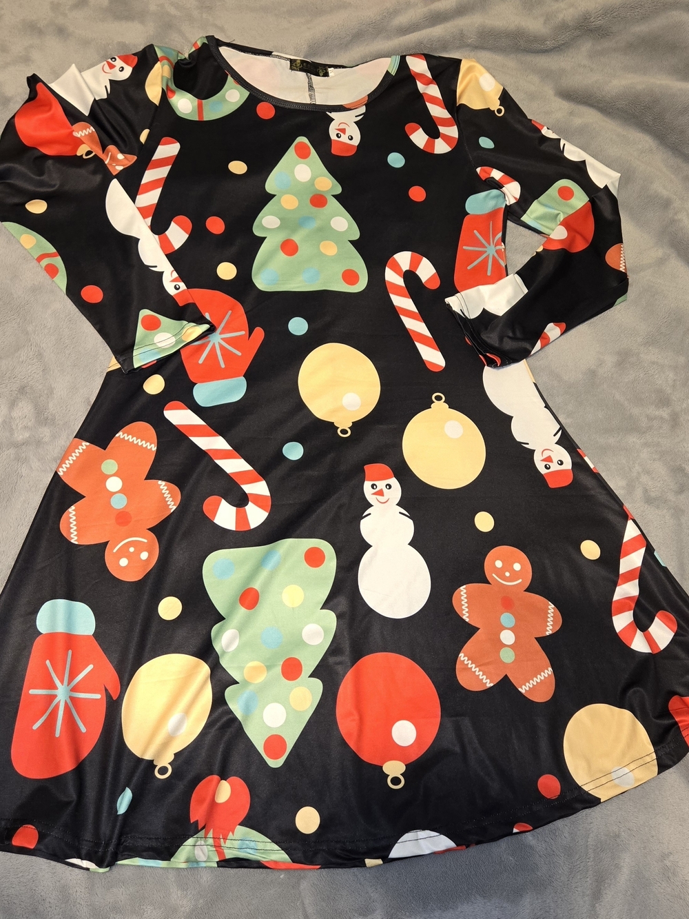 Fashion Classic Women Black Holiday Print Dress with Colorful Ornaments SZ M